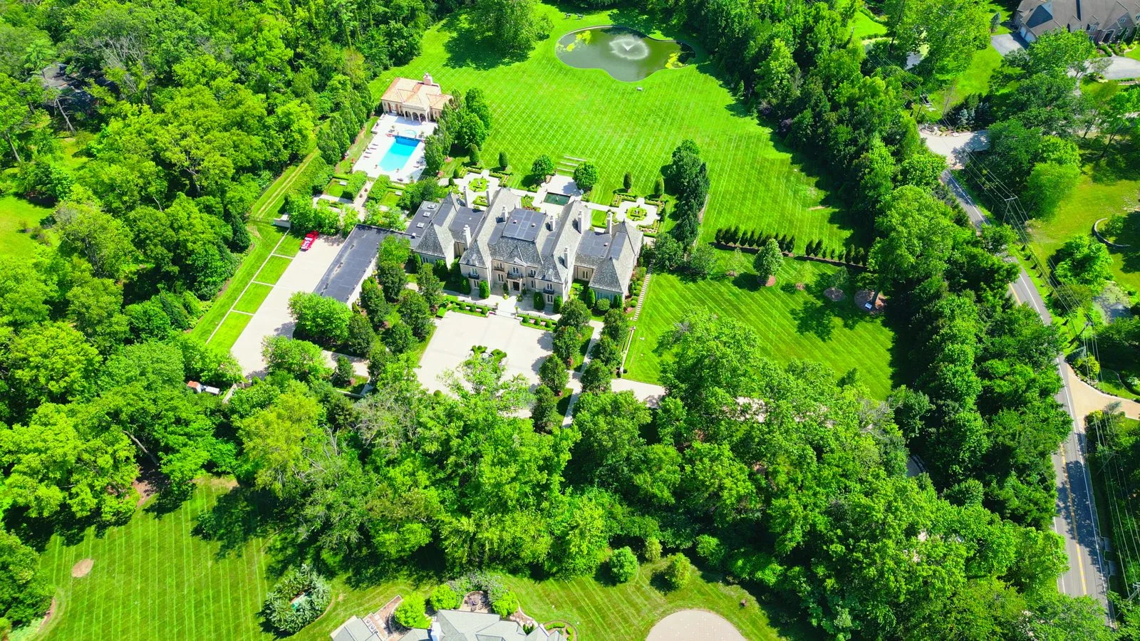 Aerial view of a French chateau style estate on South Warson Road in Ladue, Missouri