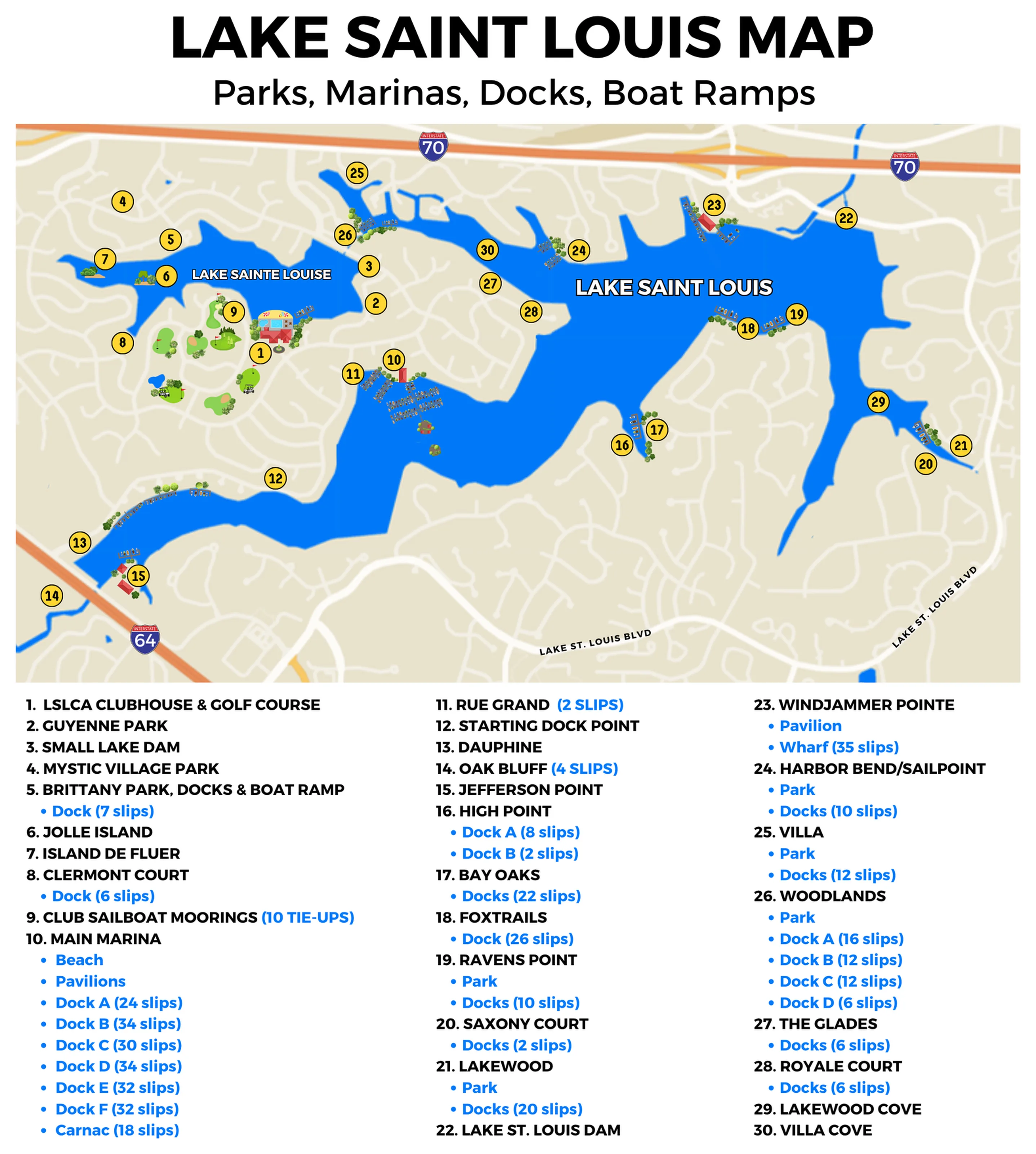 Map of Lake St. Louis showing community boat docks, boat ramps and parks