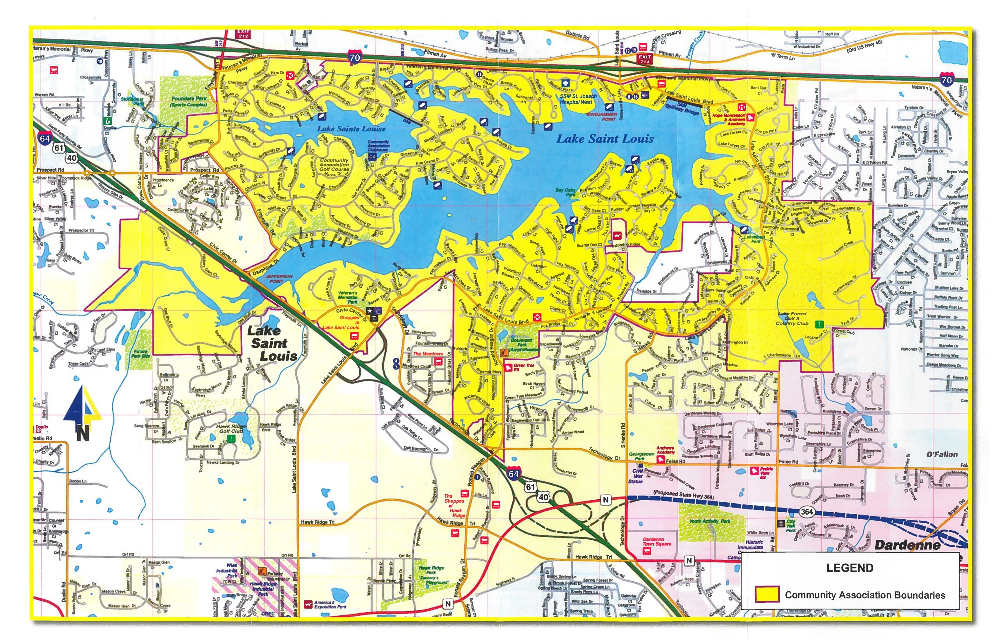 Lake St. Louis Community Association boundary map, with every CA subdivision filled yellow and non-CA areas left unfilled