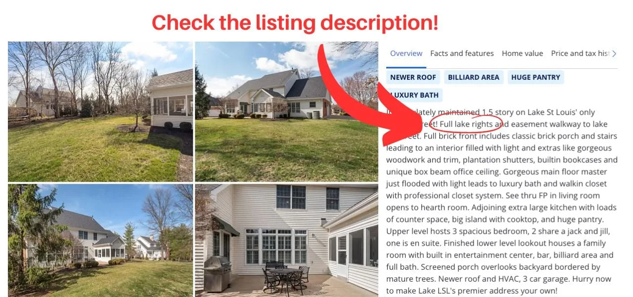 A Lake St. Louis listing page with the words “Full lake rights” circled in the property description