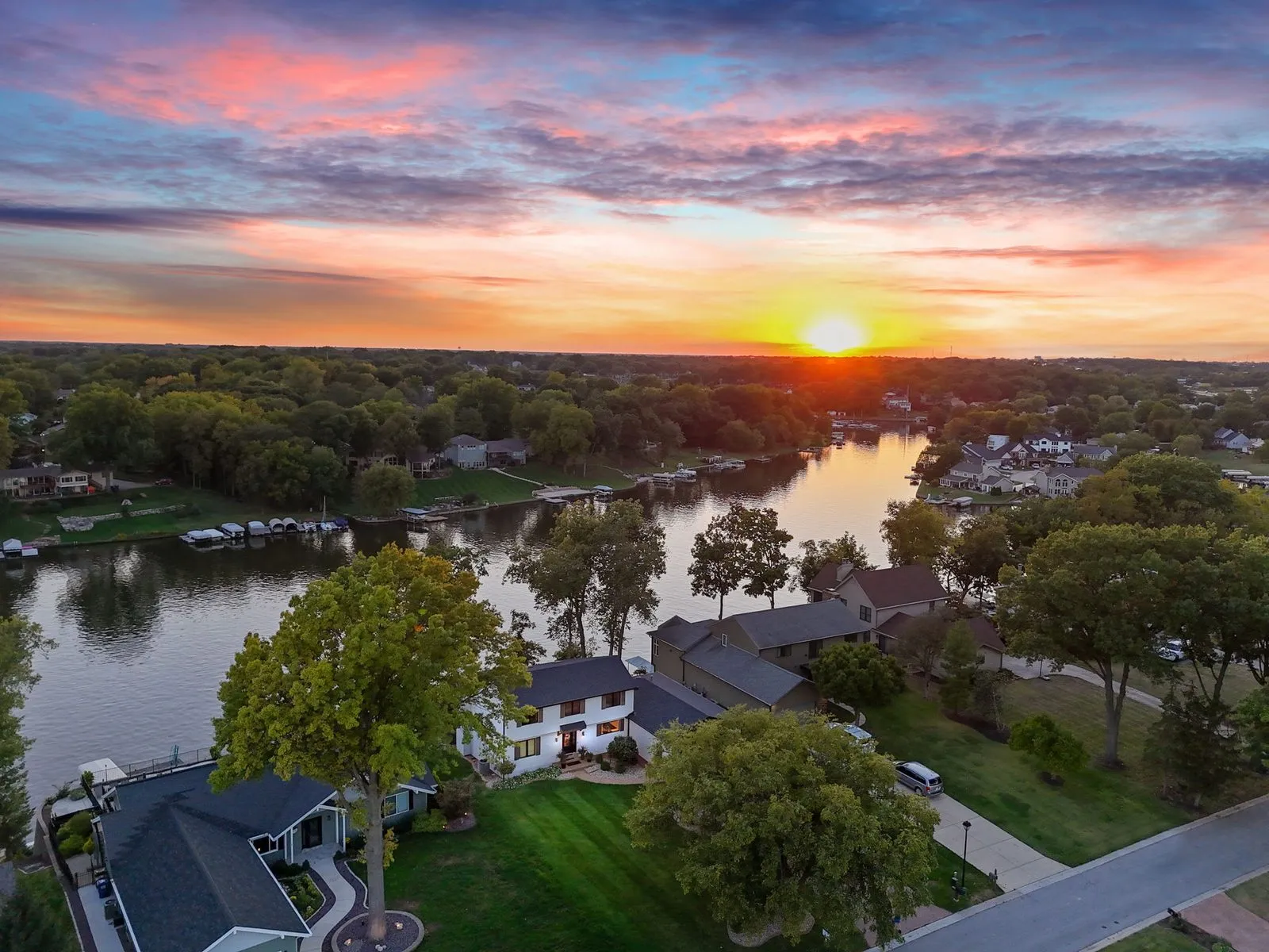Aerial view of Lake St. Louis, Missouri at sunset