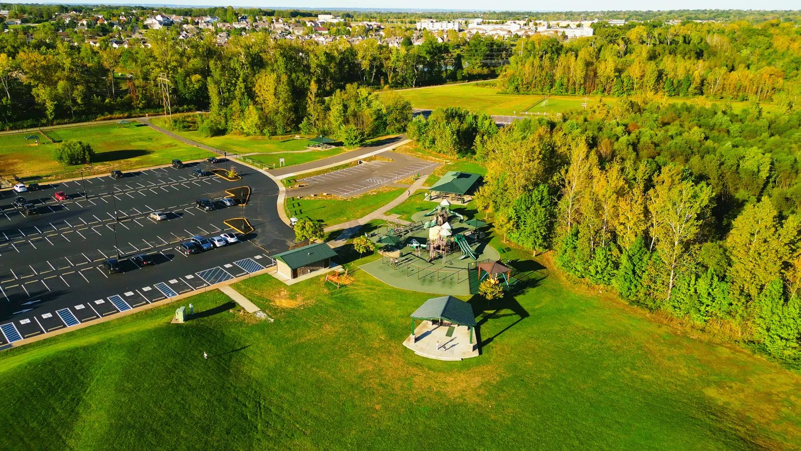 Aerial view of the playground and pavilions at Legacy Park in Cottleville, Missouri
