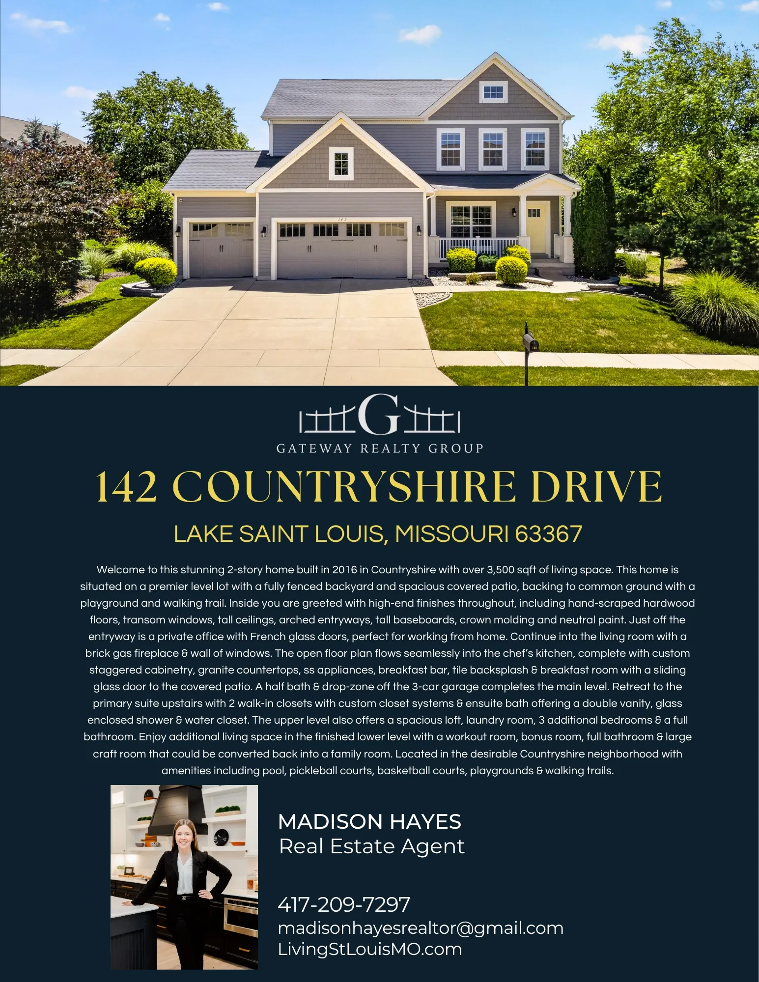Page 1 of the Gateway Realty Group printed listing binder for 142 Countryshire Drive