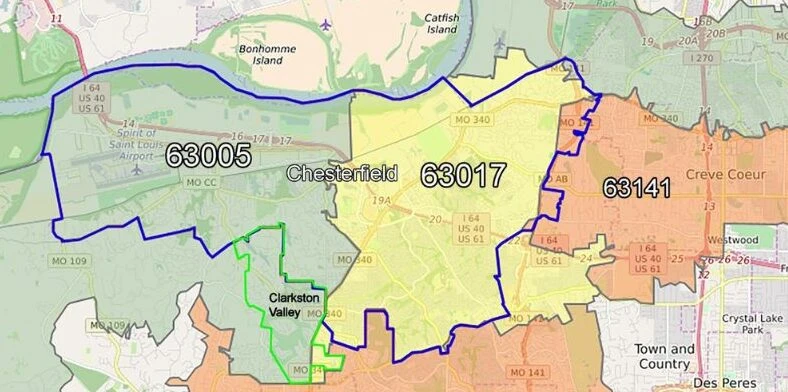 Map of Chesterfield showing the 63005 and 63017 zip code areas and a small part of 63141