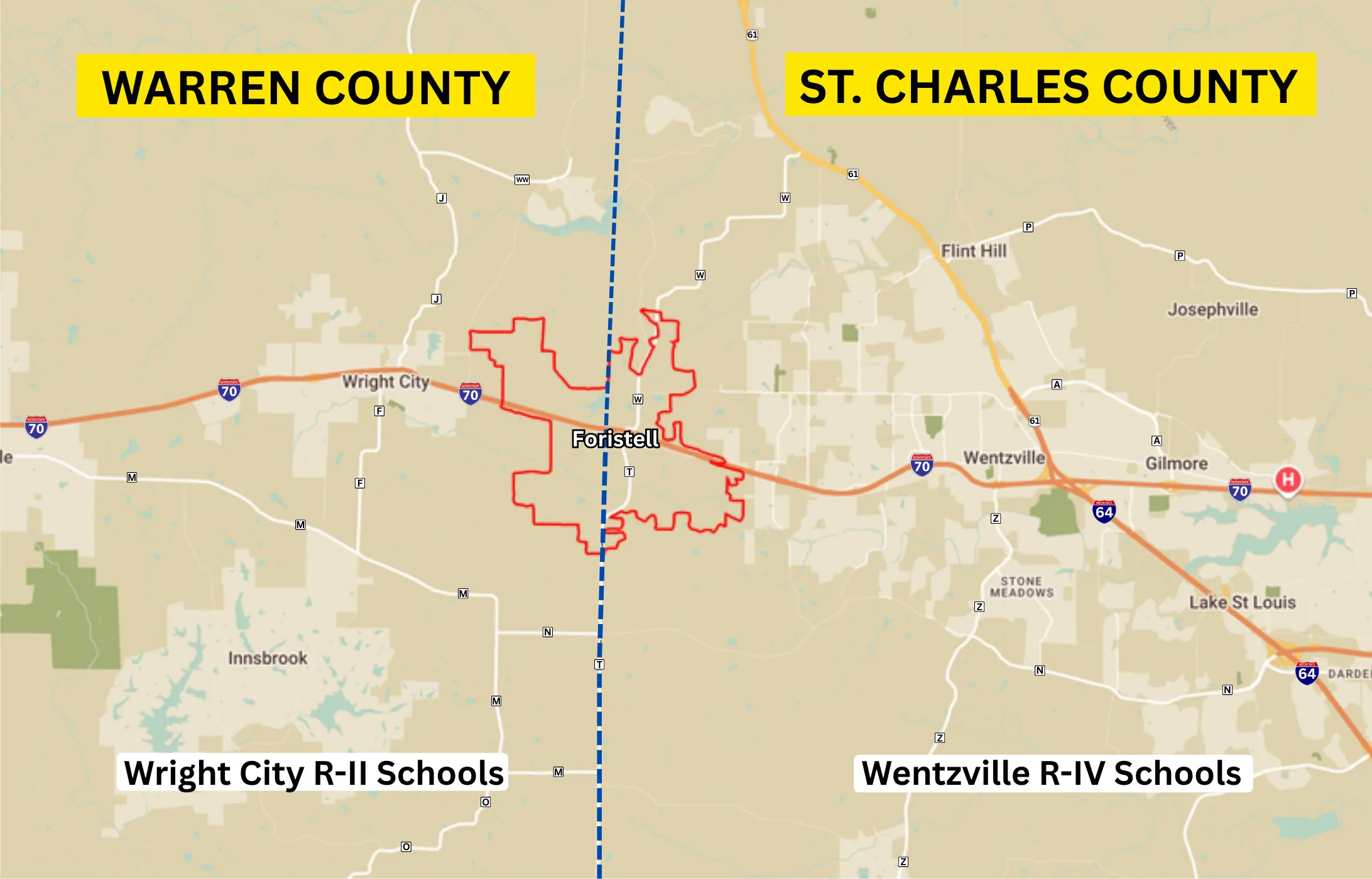 Map of the Foristell area showing the city limits outlined in red straddling the Warren and St. Charles county line, with the Wright City R-II and Wentzville R-IV school districts labelled on either side