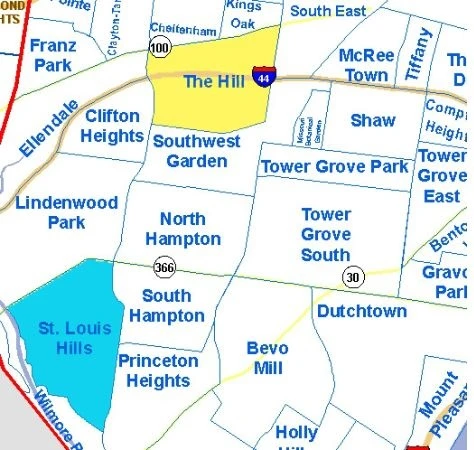 Map of The Hill bounded by Manchester, Kingshighway, Southwest and Hampton Avenues