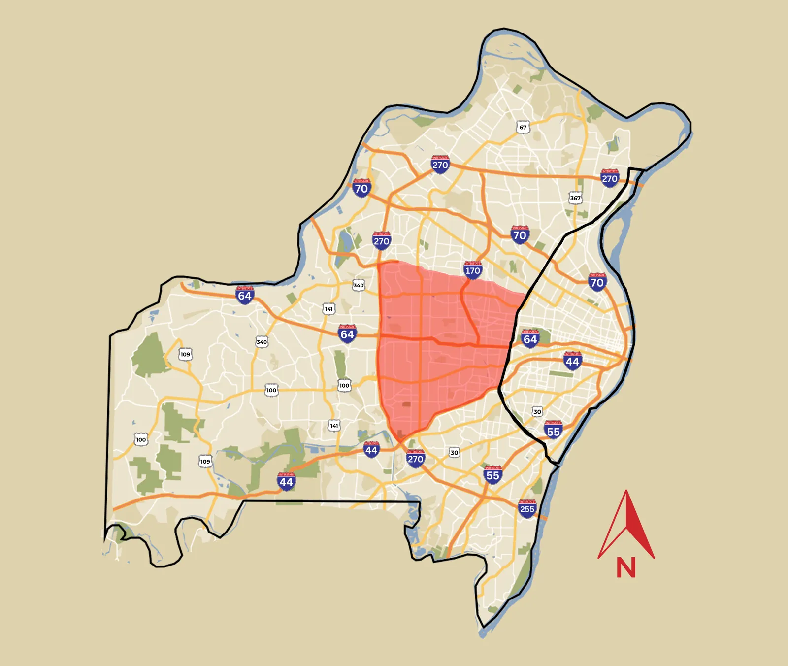 Labeled map of the cities and communities of Mid St. Louis County, Missouri