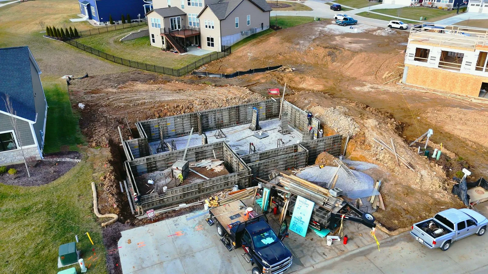 A poured foundation curing on a new construction lot in Dardenne Prairie, Missouri