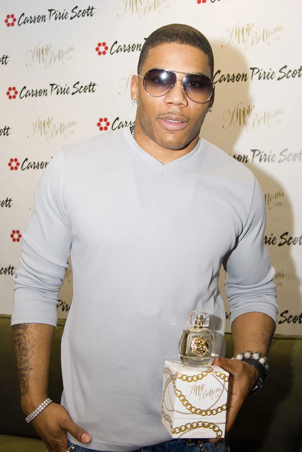 Nelly at a promotional appearance, wearing sunglasses and a grey shirt