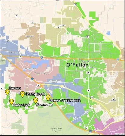 New developments are happening primarily in South-West O’Fallon, MO. O’Fallon is shown in green.