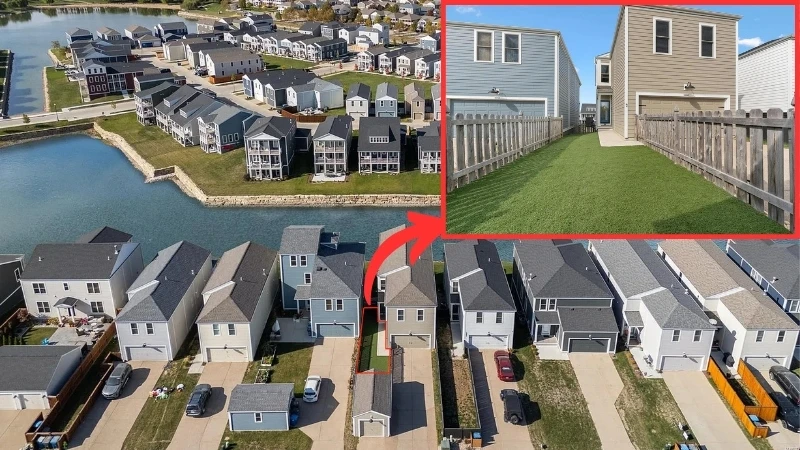 Aerial of New Town homes with an inset close-up showing the narrow fenced backyard between two of them