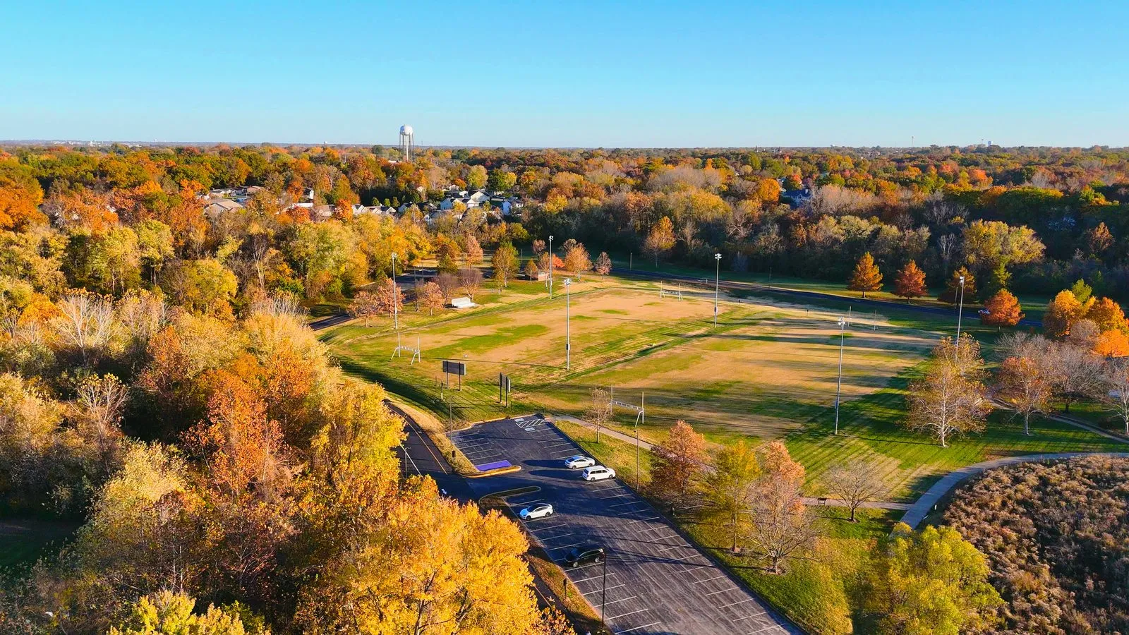 Aerial view of the ballfields at Dames Park in O'Fallon, Missouri in autumn