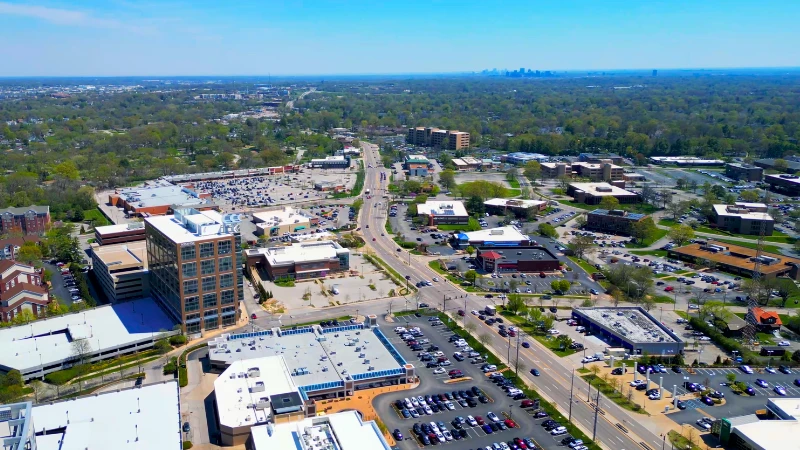 Olive Blvd, a major shopping area with restaurants