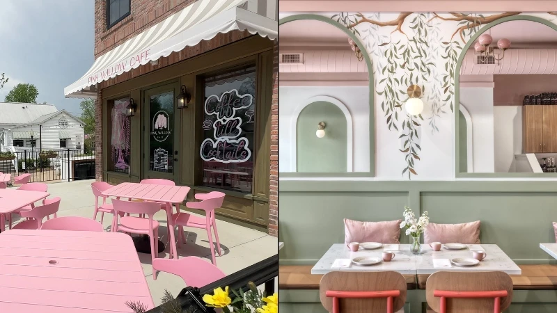 Pink Willow Café in Cottleville: the pink patio tables out front and the pastel dining room inside