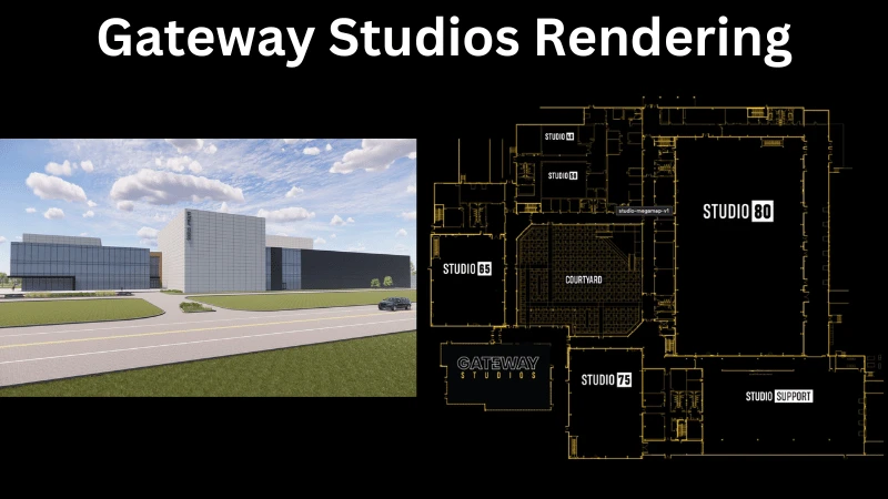 Pre-construction rendering of Gateway Studios showing the exterior of the production facility beside its studio floor plan