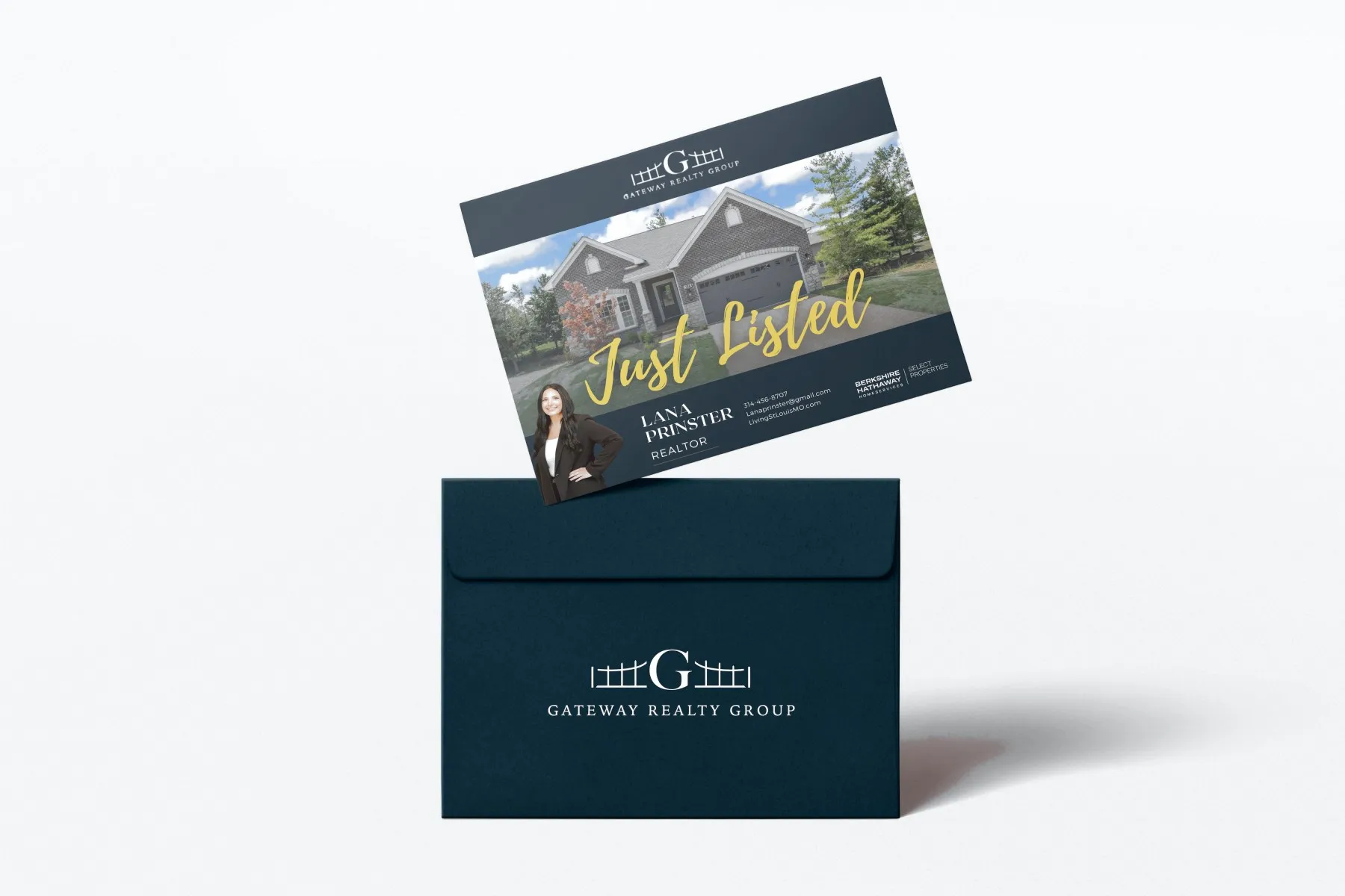 Printed Just Listed postcard for a brick and stone ranch home, shown with its navy Gateway Realty Group envelope