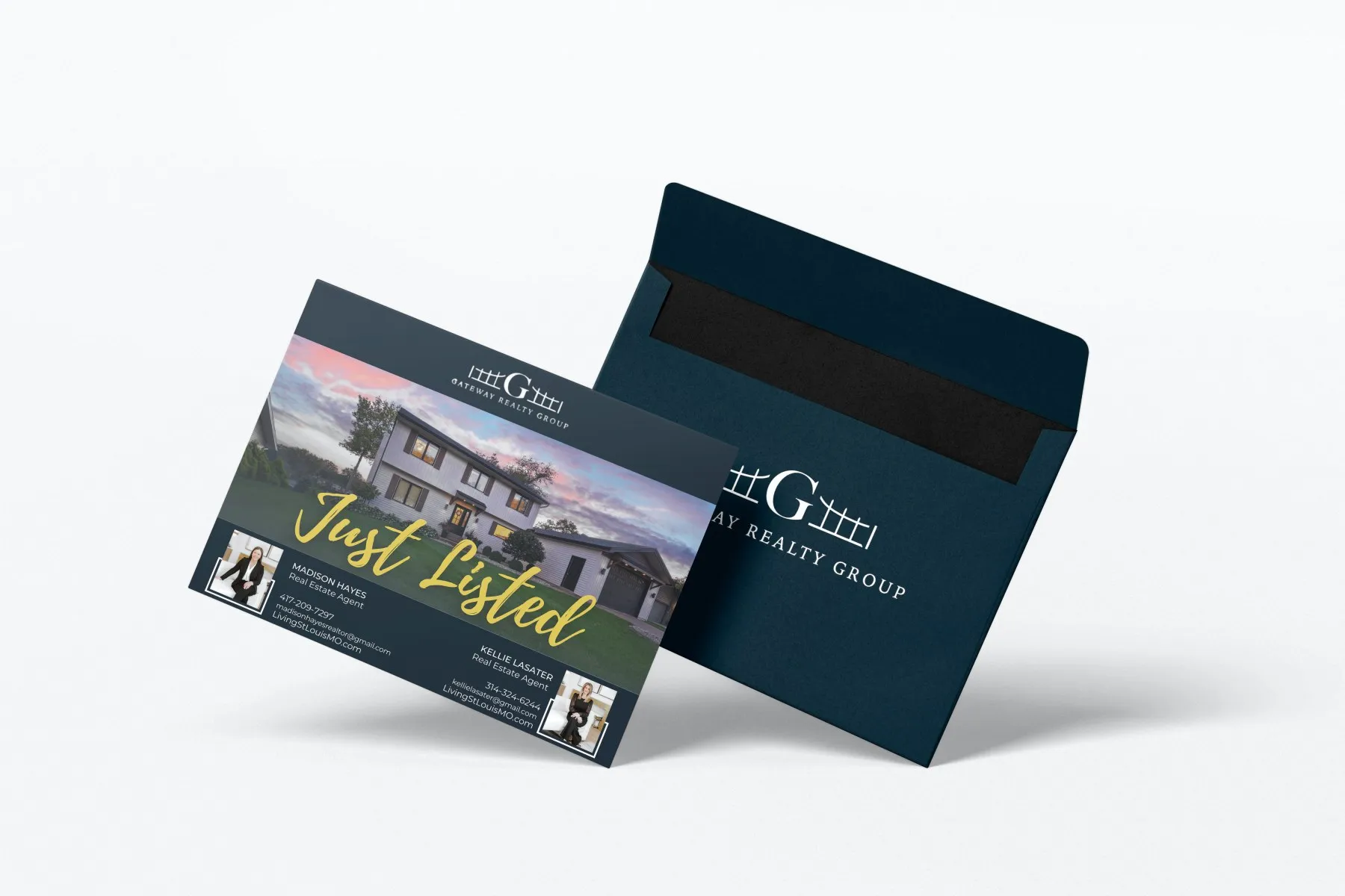 Printed Just Listed postcard using a twilight photograph of a two story home, shown with its navy Gateway Realty Group envelope