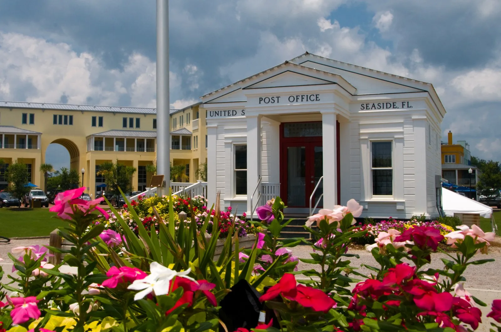 The post office and pastel storefronts of Seaside, Florida, the New Urbanist town that inspired New Town