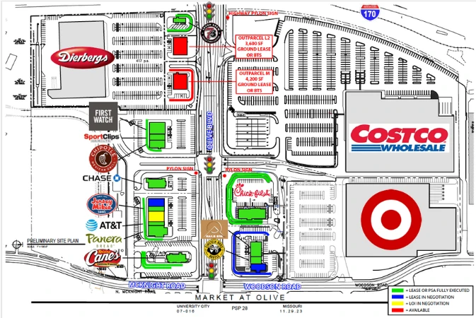 Site plan of the Market at Olive development, with Costco, Target and Dierbergs marked among smaller retail pads