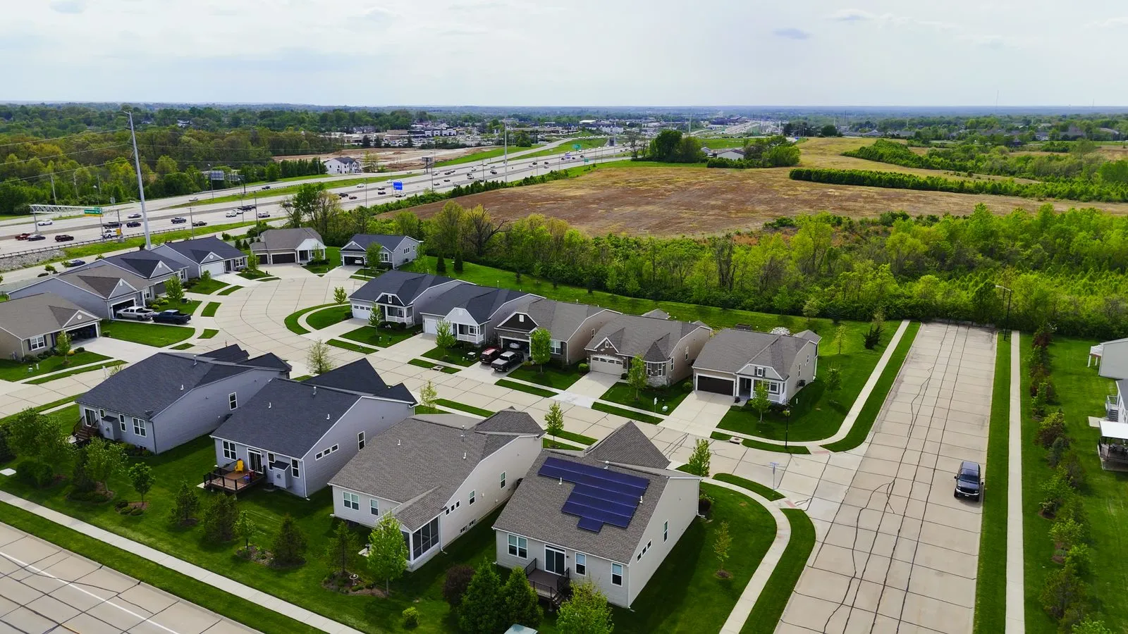 Aerial view of newer built homes at Crossing at Bella Vista in St. Peters, Missouri