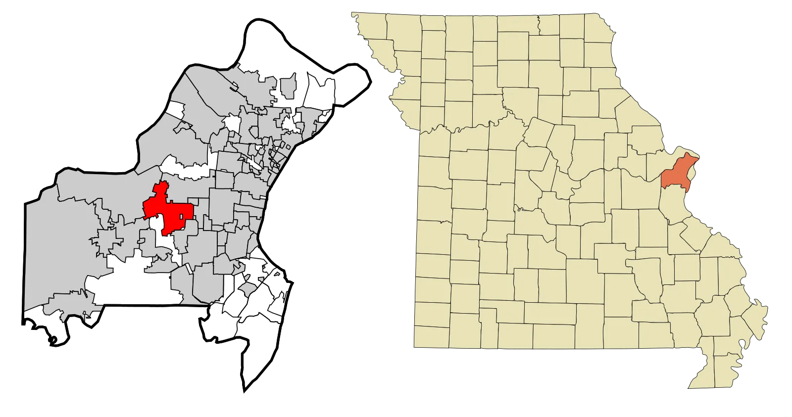 Two-panel locator map: Town and Country shaded red within St. Louis County, and St. Louis County shaded red within Missouri