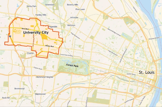 University City is generally bound by I-170, smaller municipalities like Hanley Hills and Vinita Park to the north, West End to the east, and Clayton to the south