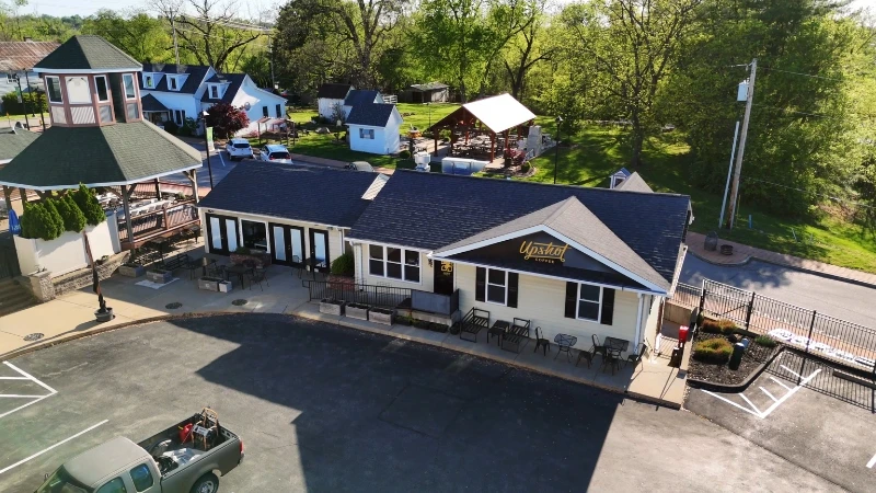 Aerial view of the Upshot Coffee Flagship building on Highway N in Old Town Cottleville