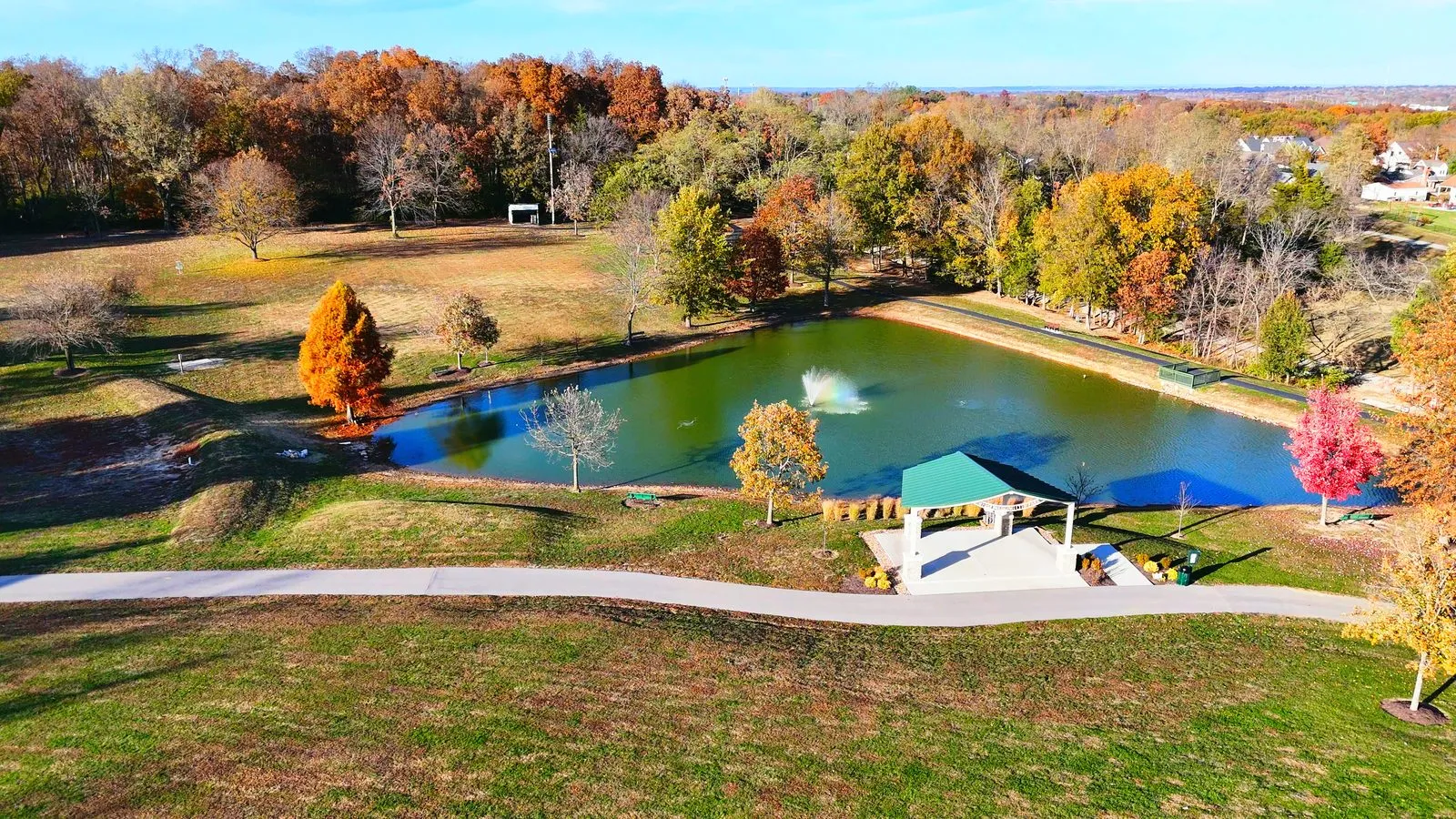 The pond and pavilion at Weldon Spring City Park in Weldon Spring, Missouri