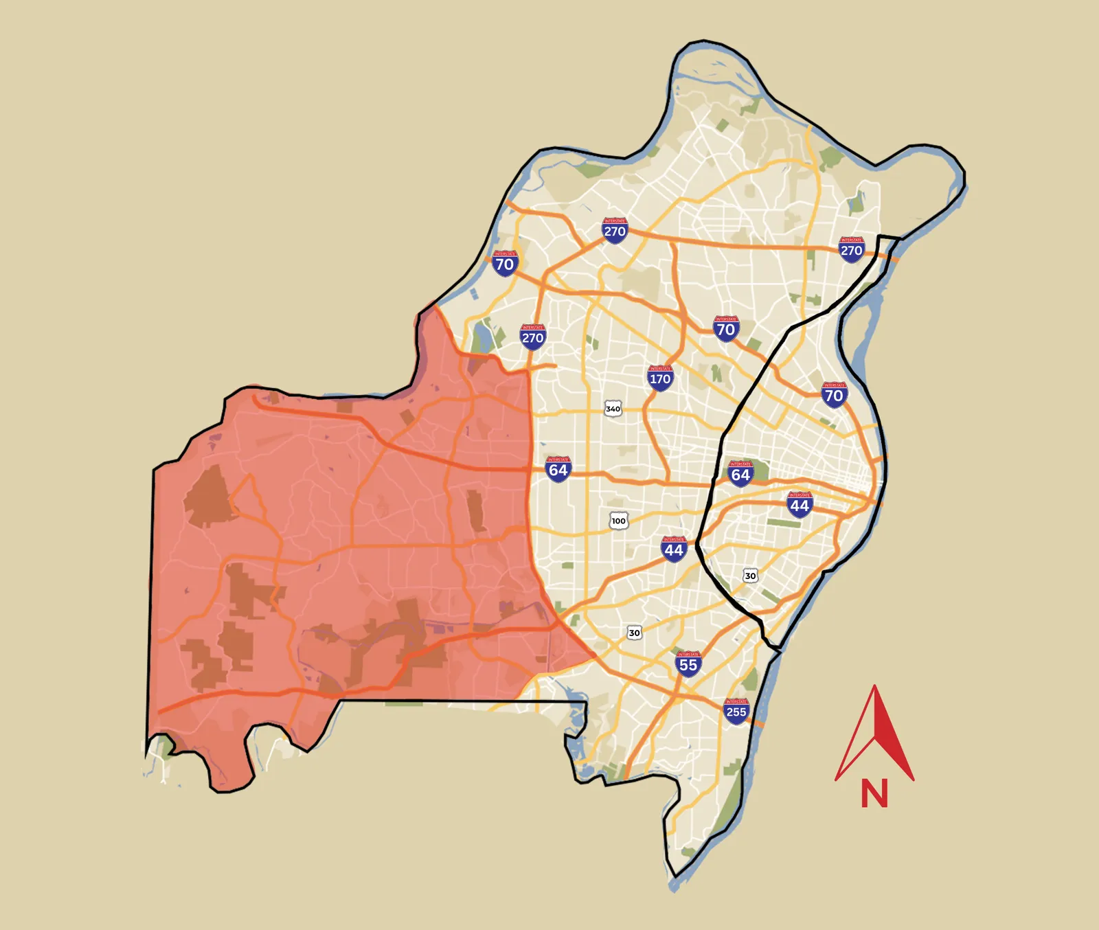 Labeled map of the cities and communities of West St. Louis County, Missouri