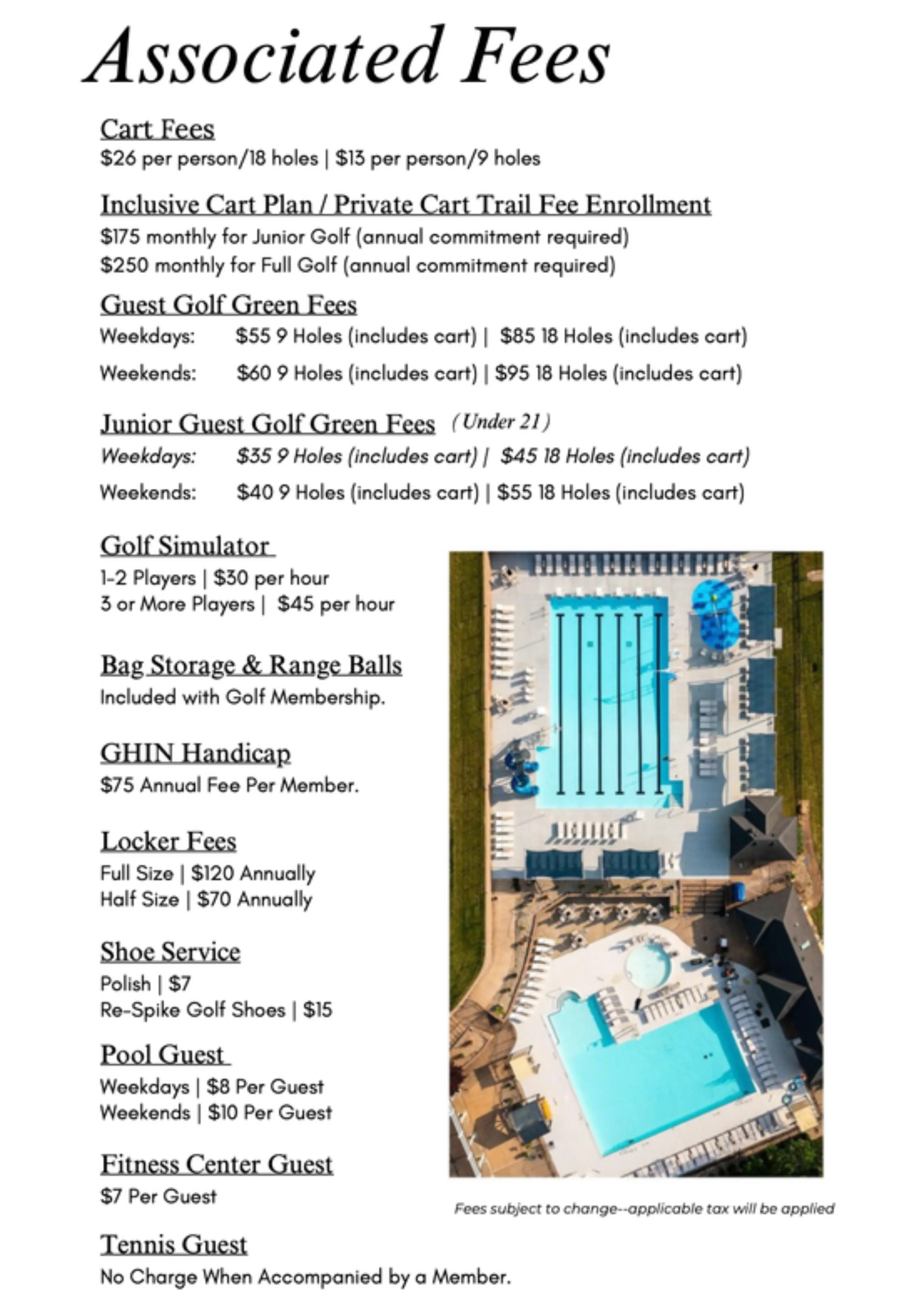 Table of additional fees at Whitmoor Country Club beyond the base HOA dues