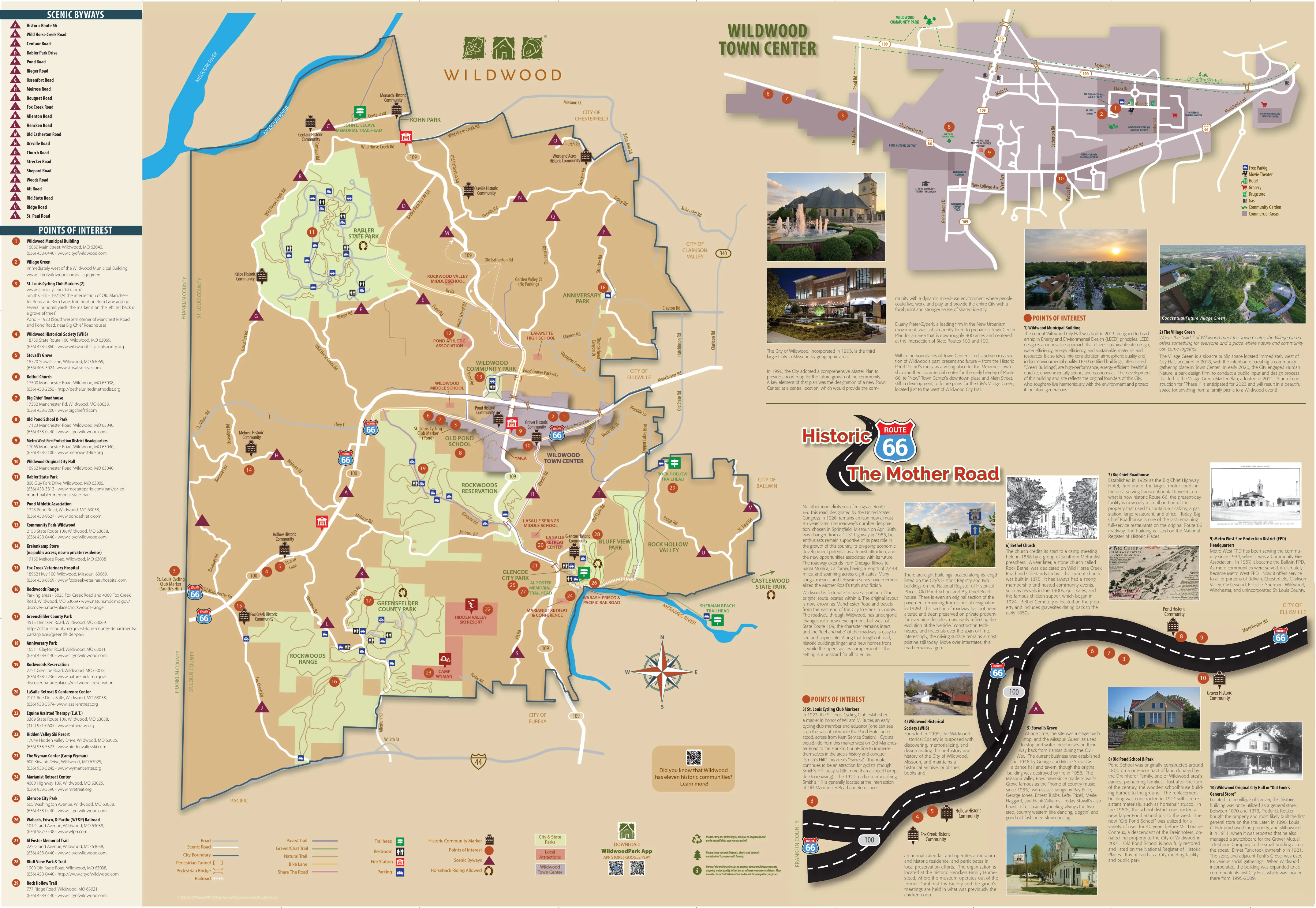 City of Wildwood map showing parks, trails, scenic byways, historic sites and an inset of the Town Center