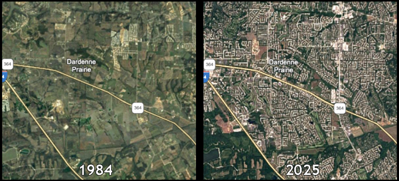 Satellite image comparing Dardenne Prairie, then and now.