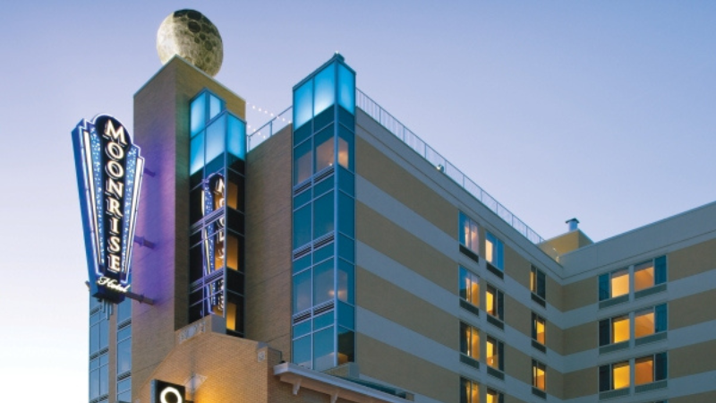 Moonrise Hotel with rotating moon and rooftop bar