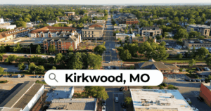 Drone picture of downtown Kirkwood, Missouri