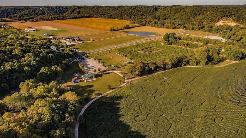 Aerial view of Brookdale Farms, you can clearly see the corn maze!