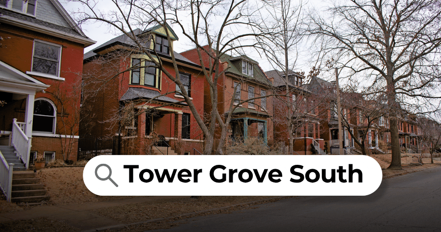 Brick homes along tree lined street in Tower Grove South